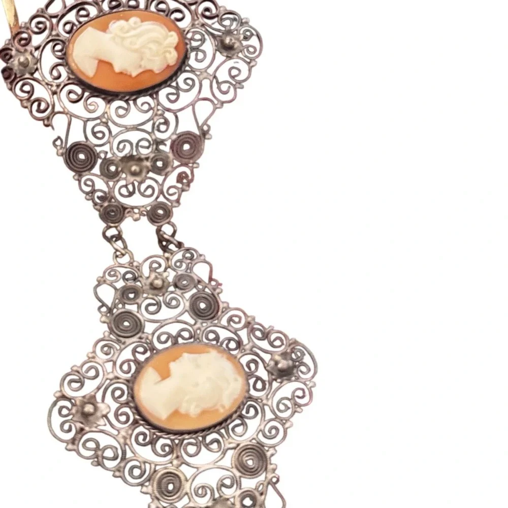 Antique 800 Silver Filigree‎ Hand Carved Cameo Bracelet